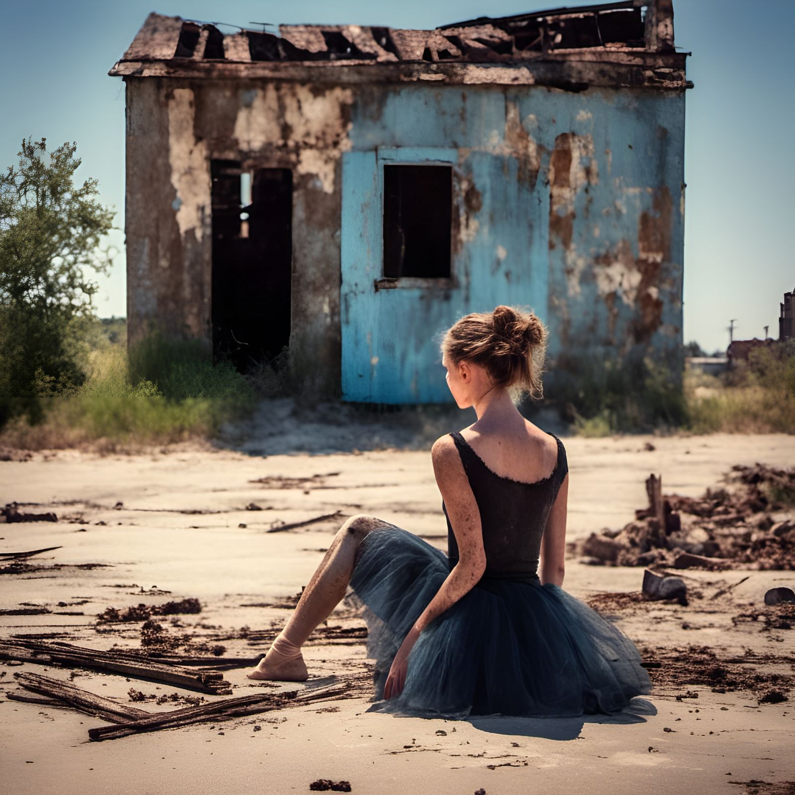 Ballerina Beside Abandoned House, Realistic Photo