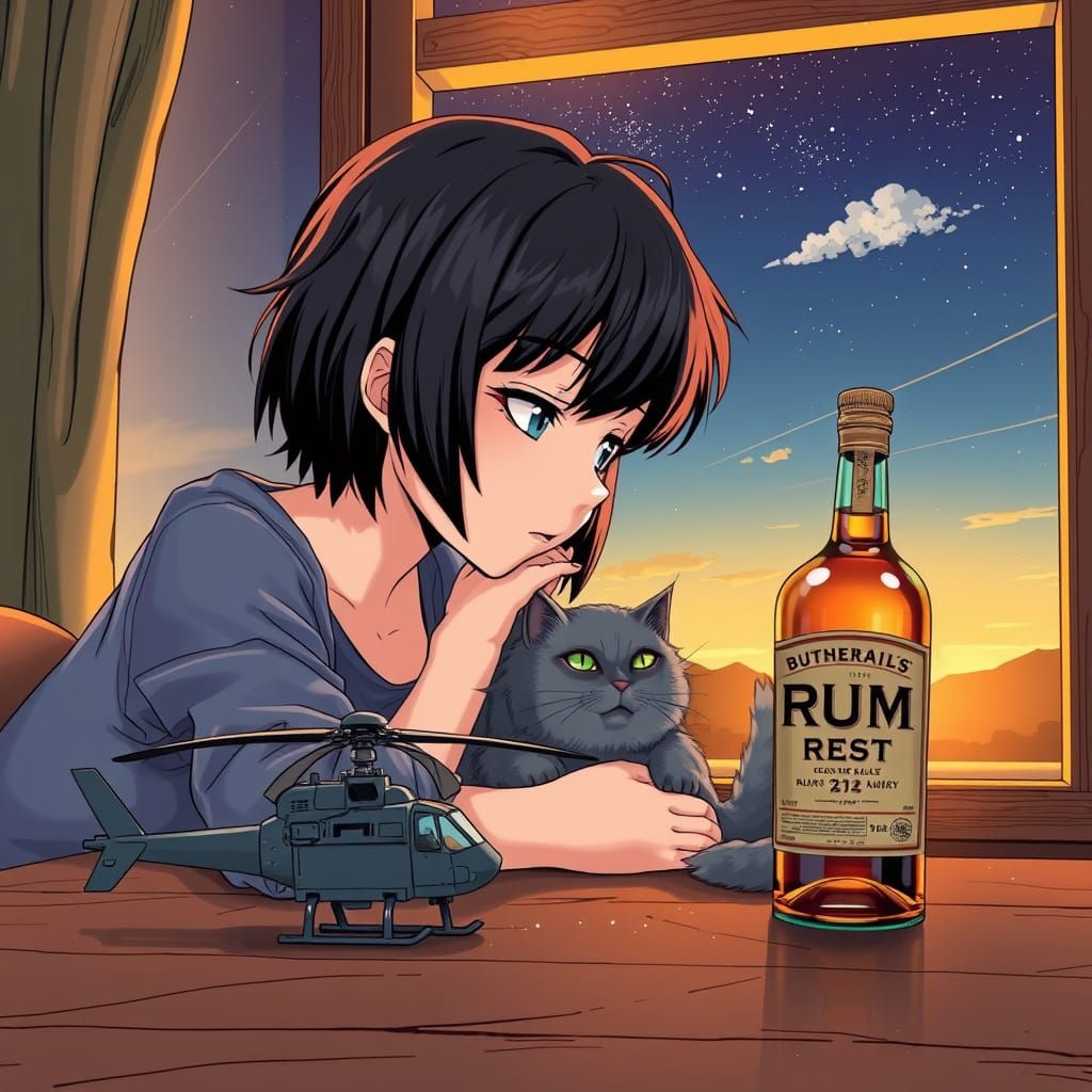 Anime Girl in Quiet Contemplation with Toy Helicopter and Fe...