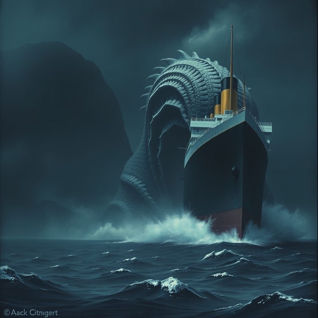 Giant Sea Monster Beside the Sinking Titanic in Dark, Bio-Me...