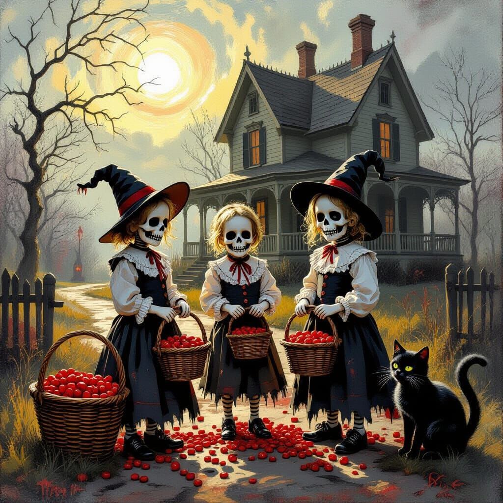 Eerie Skeleton Children in Haunted House Oil Painting