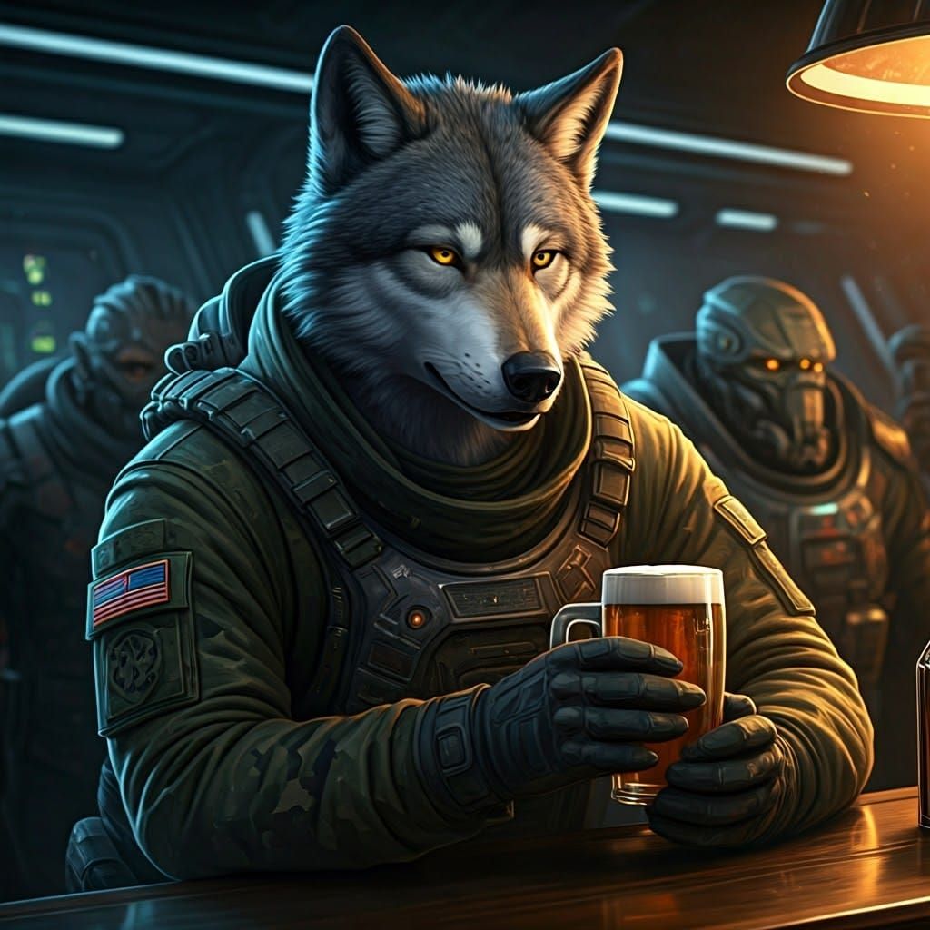 Wolf Soldier Sipping Beer in Starport Bar