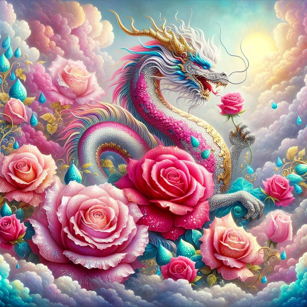 Jewel-Toned Dragon in Opulent Rose Garden