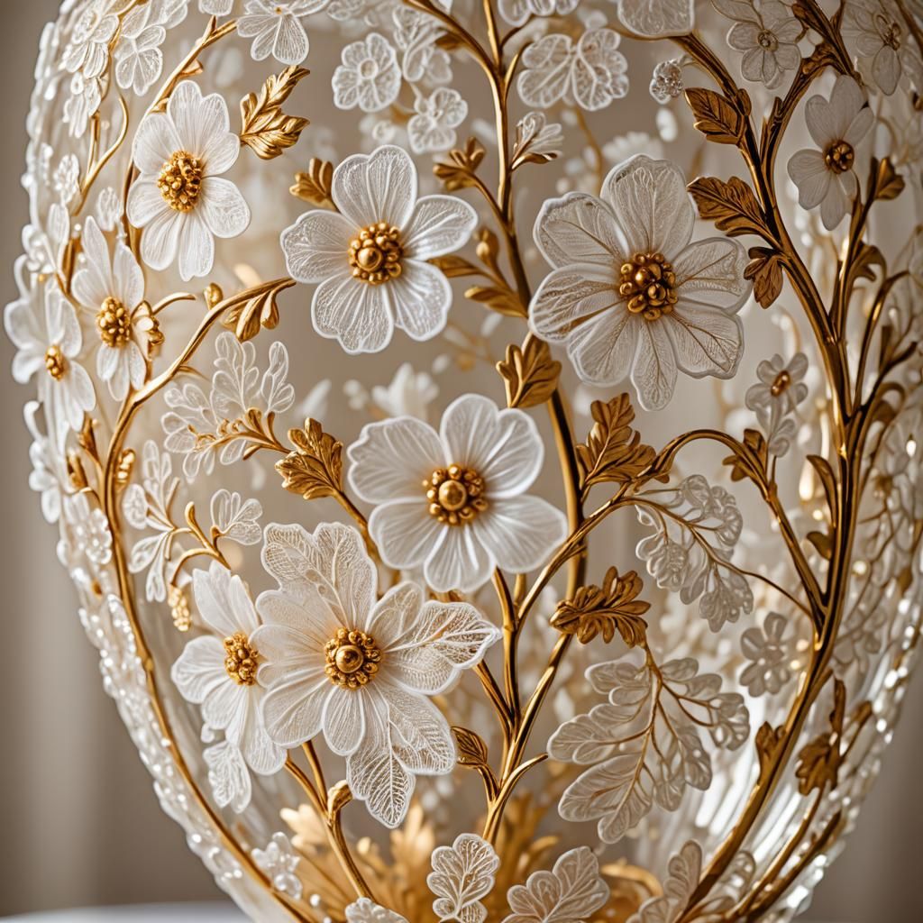 Elegant Glass Vase with Lace Flowers: Macro Photography