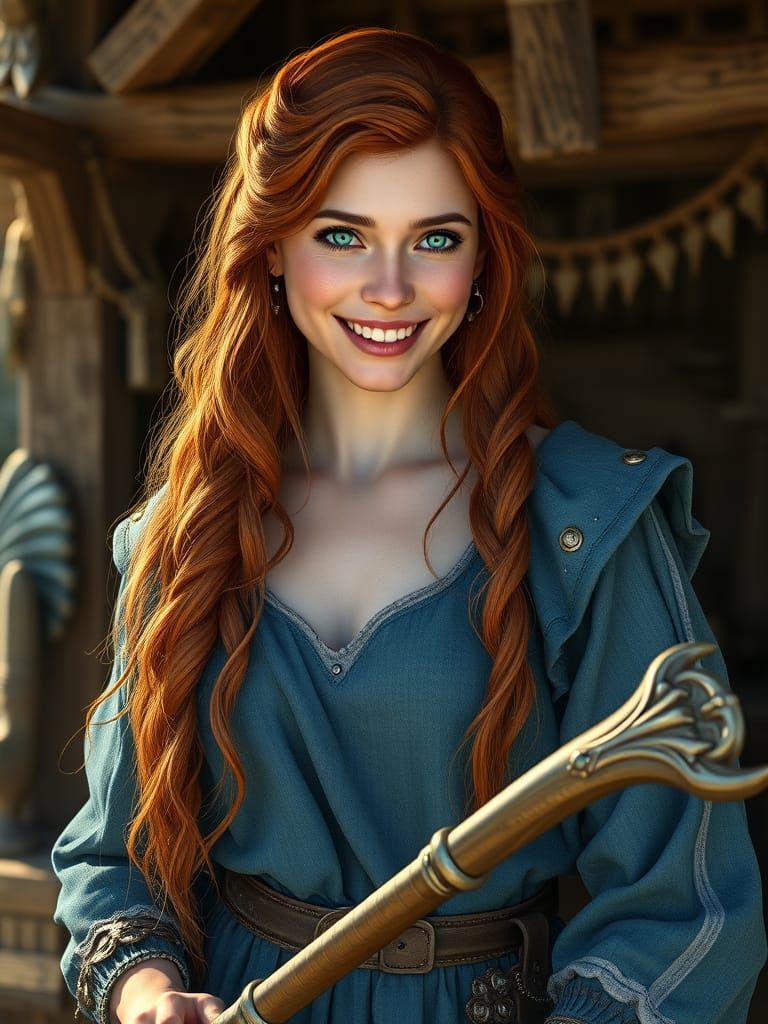 Viking Maiden in Splendid Blue Dress Cleaning Her Home