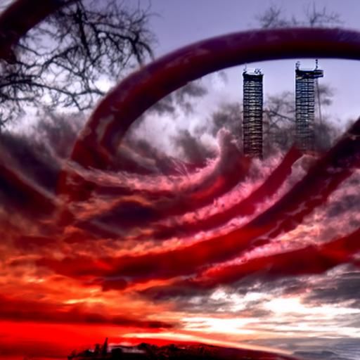 Towering Structures Reach into Blood Red Sky