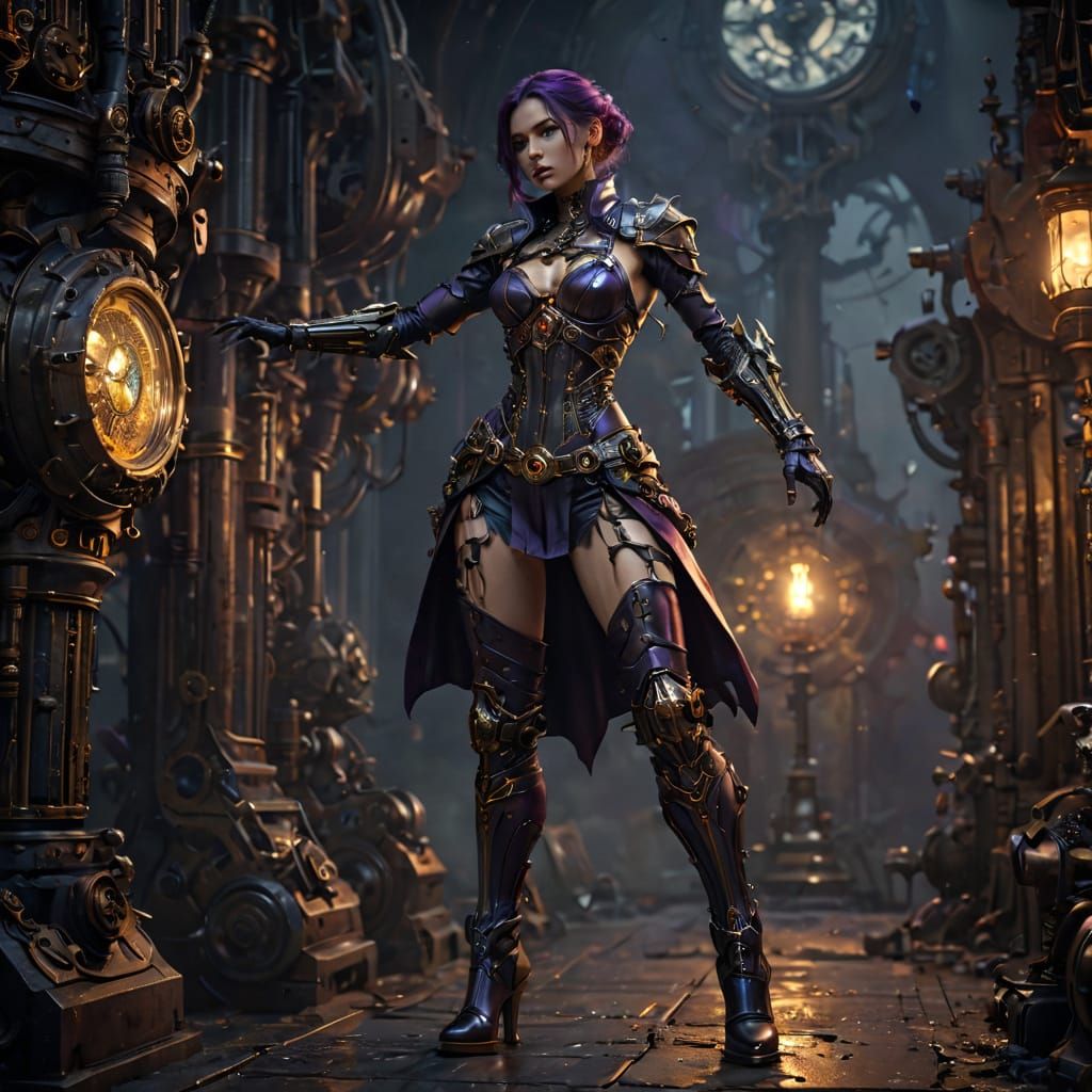 Cyborg girl with robot body and over knee stiletto platform high heel boots