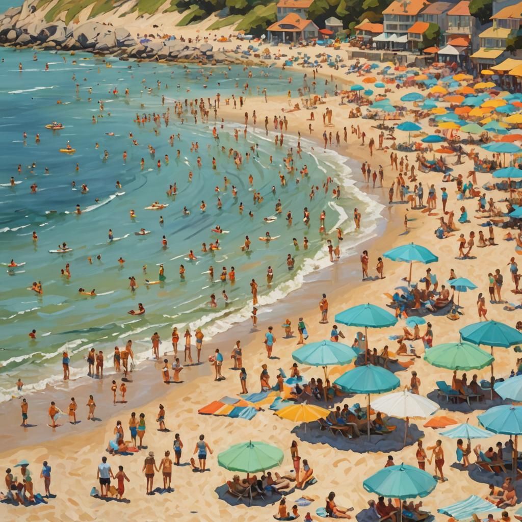 Impressionist Seascape: Crowded Beach in Warm Colors