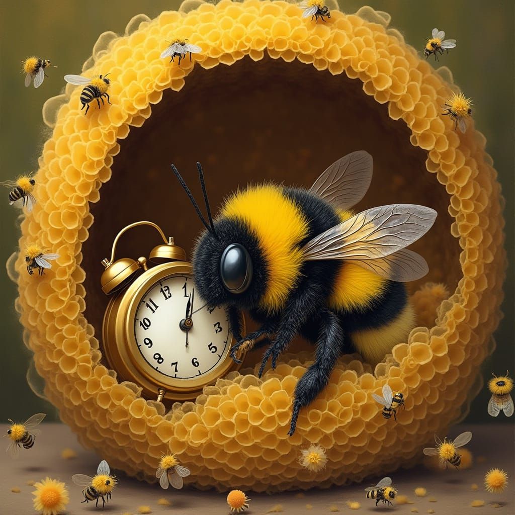 Sleepy Bumblebee Wakes Up in Honeycomb Cell