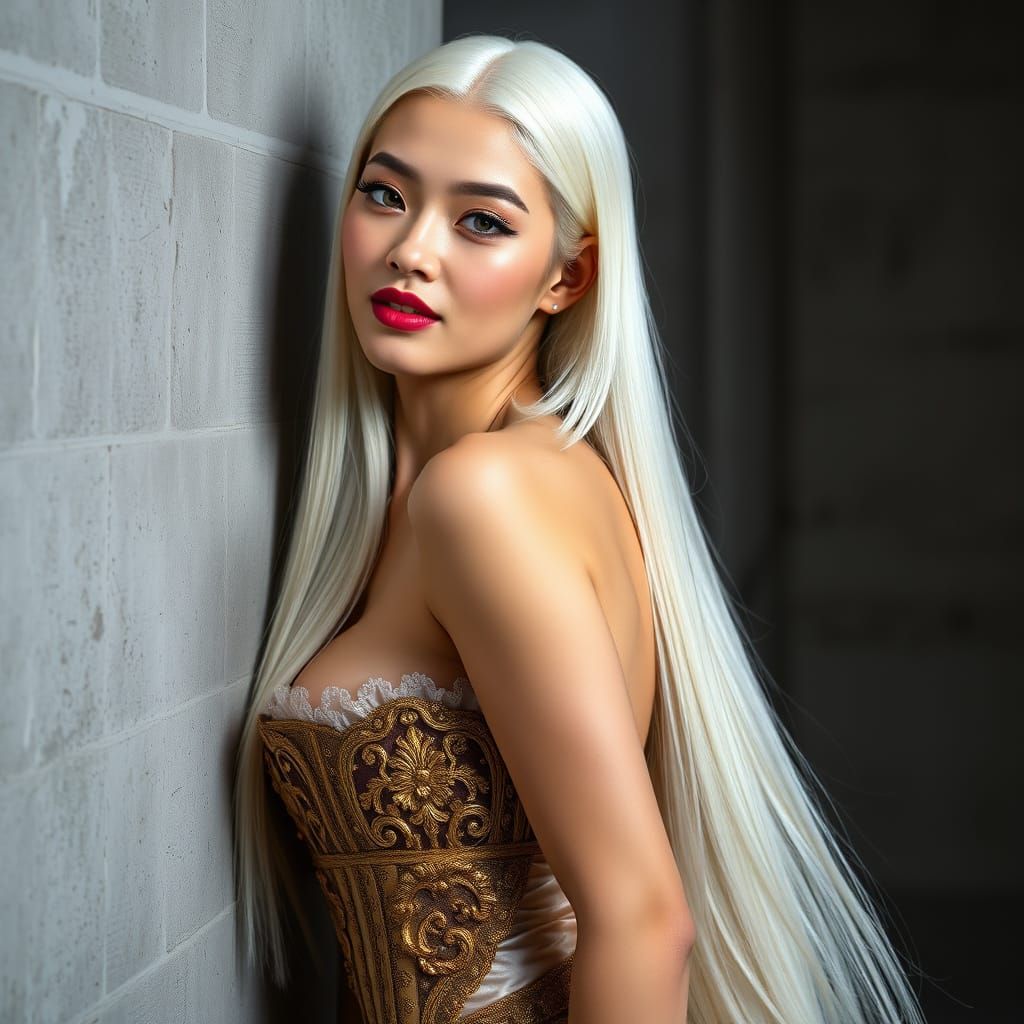 Androgynous Beauty in Baroque-Inspired Gold Silk Dress