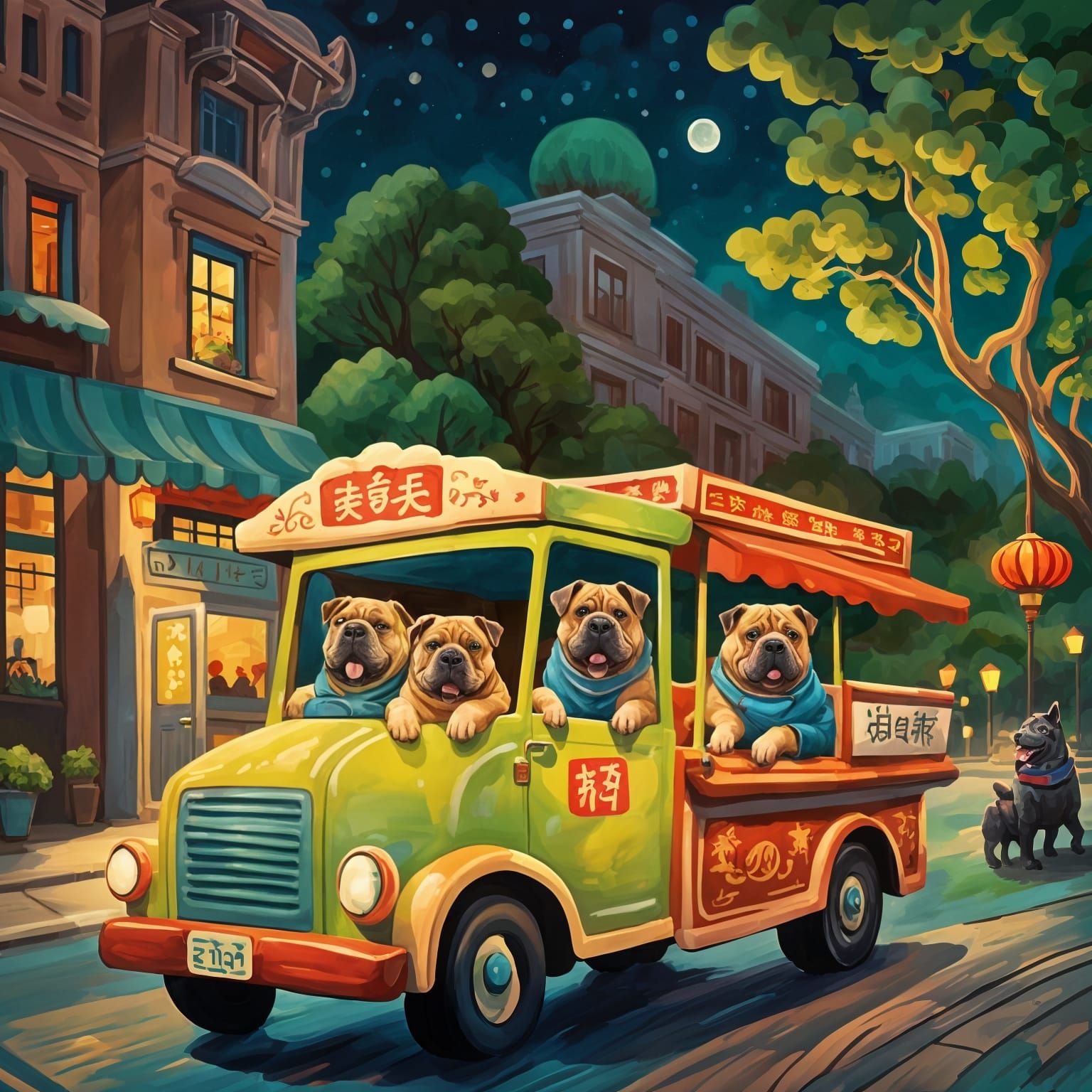 Happy Sharpei Dogs Deliver Chinese Food Through City Park at...