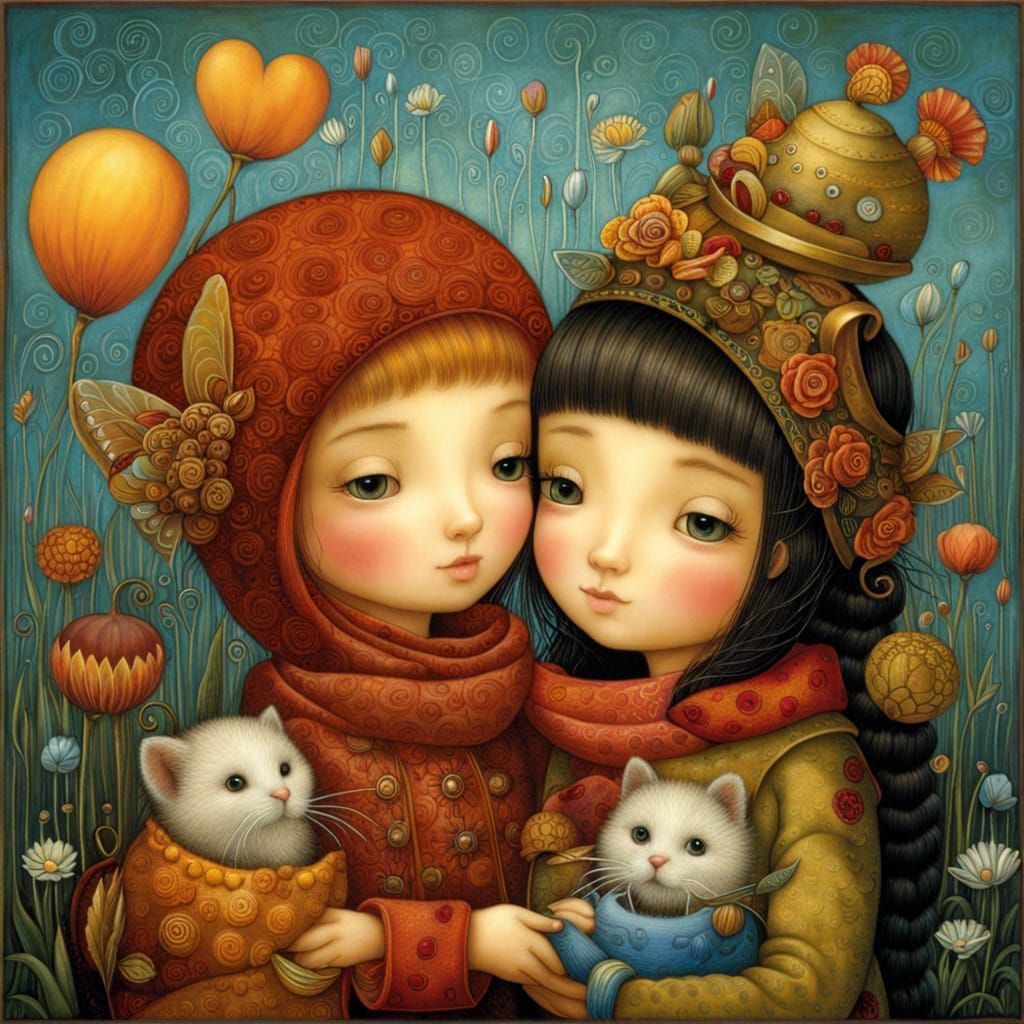 Whimsical Friendship Illustration in Fantastic Realism Style