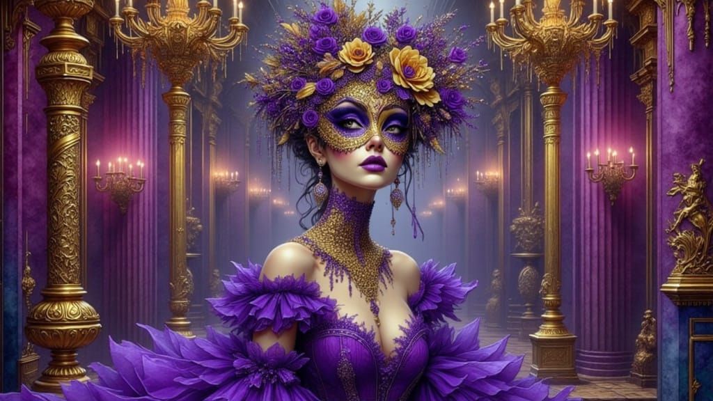 Woman in Mask at Grand Masquerade Ball as Art Nouveau