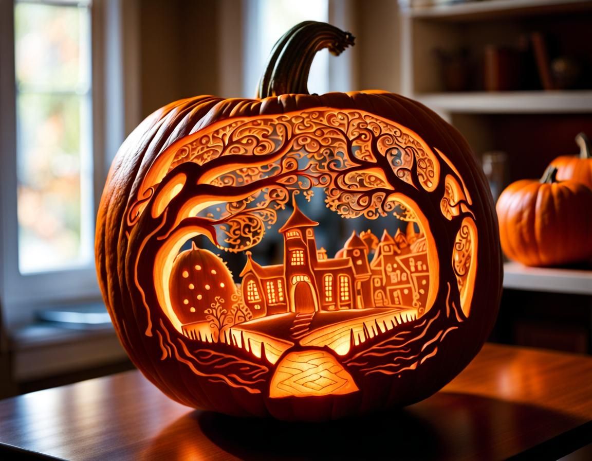 Intricately Carved Village on Halloween Jack-o-lantern
