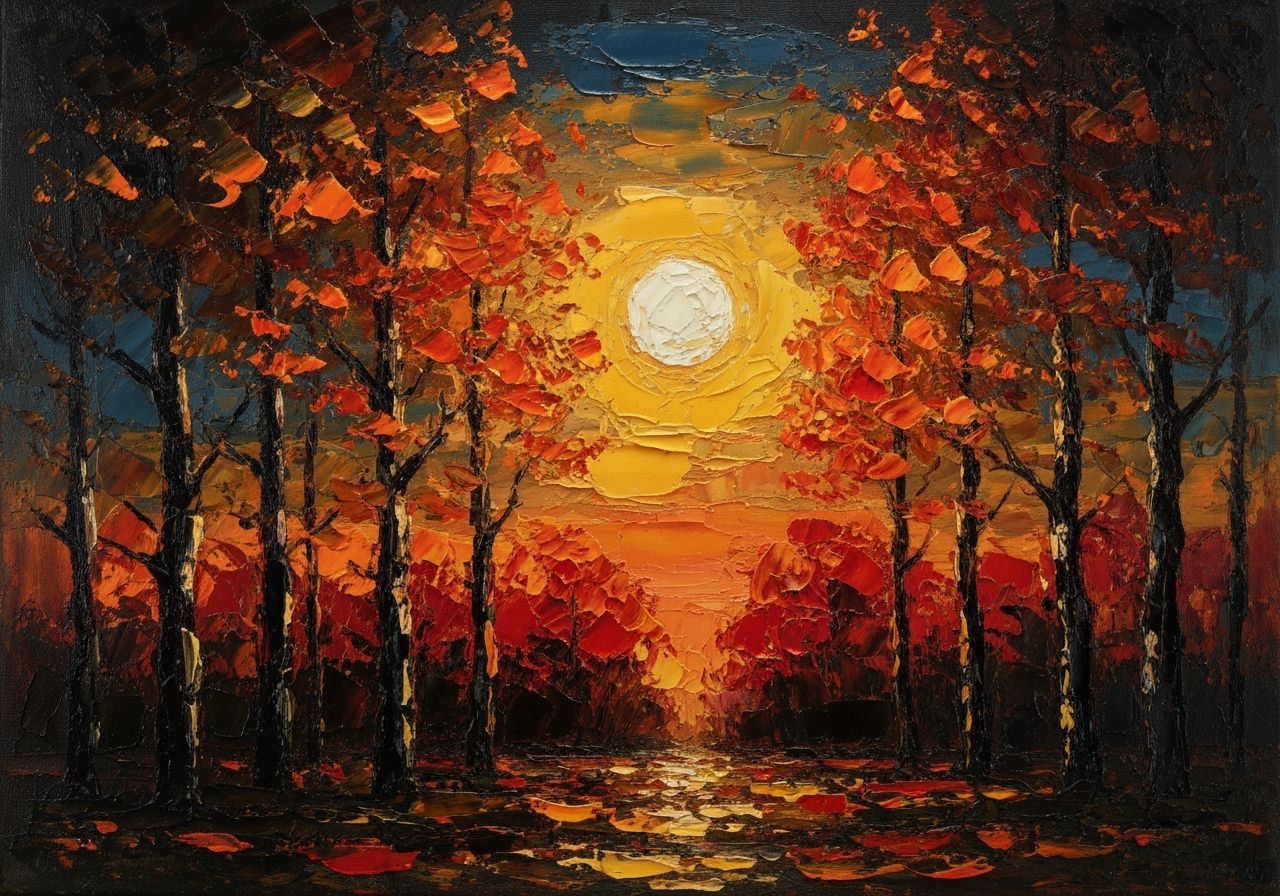Expressionist Harvest Moon Over Autumn Forest