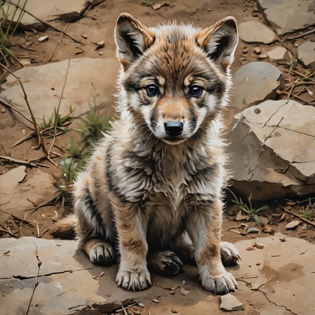 Charming Painting of a Baby Wolf Cub
