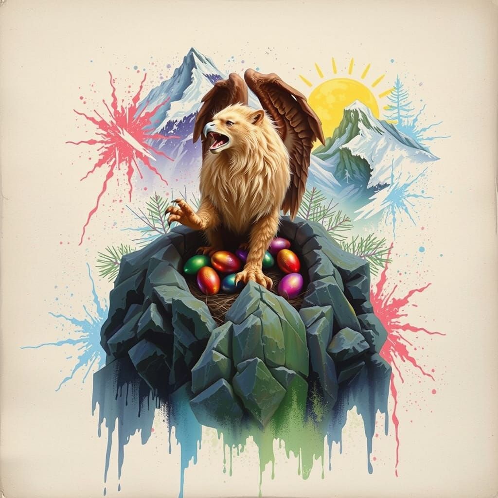 Majestic Griffin Perches on Snow-Capped Mountain Peak