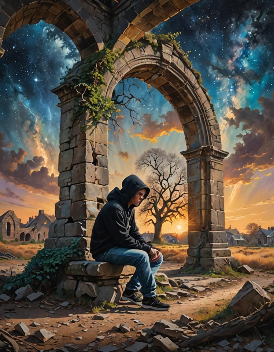 Contemplative Figure in Abandoned Building, Oil Painting