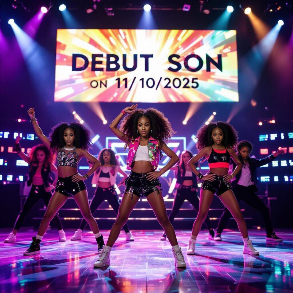 Dynamic Dance Debut: Three Girls & Backup Dancers on Stage
