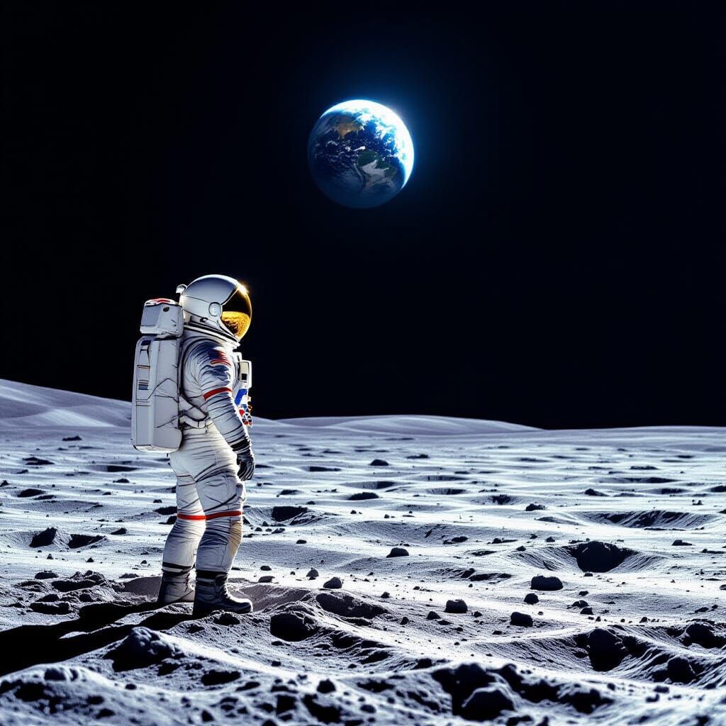 Astronaut Gazes at Earthrise on Moonscape