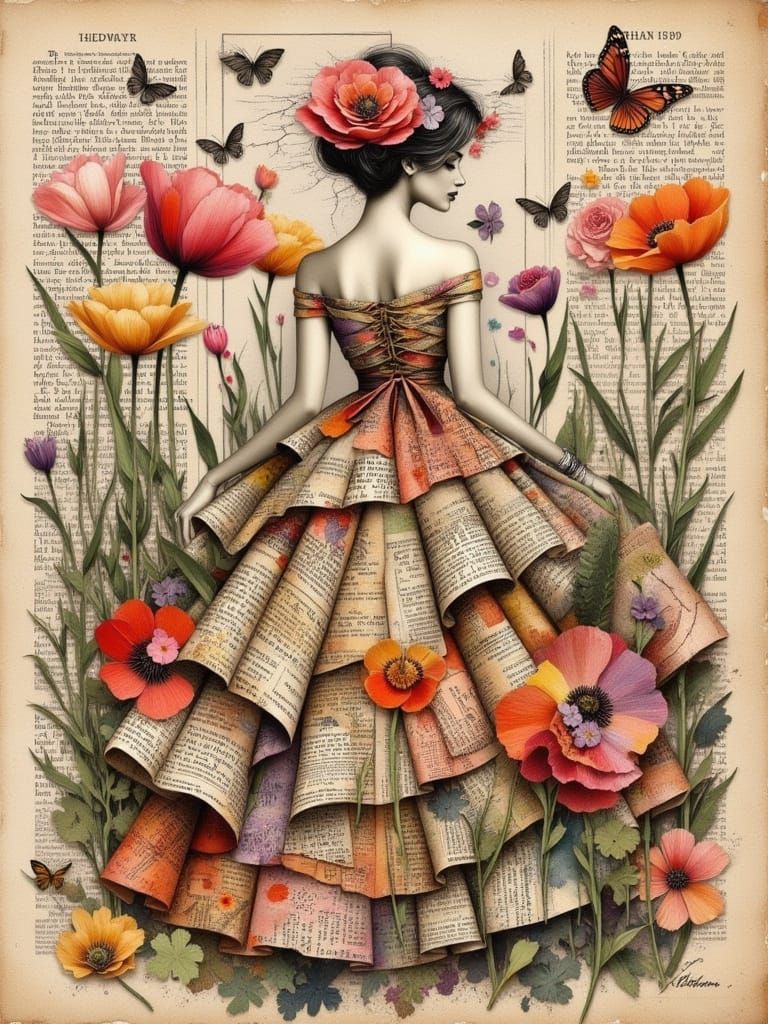 Vintage Woman in Newspaper Dress with Tulips