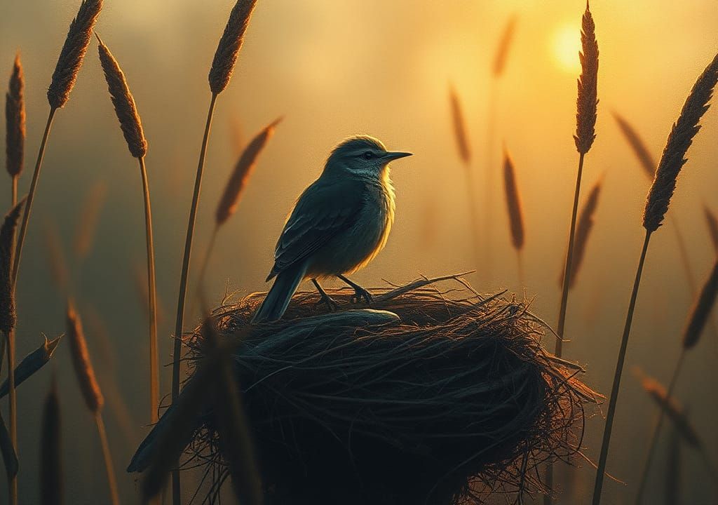 Enchanted Evening Scene of a Bird's Nest amidst Reeds