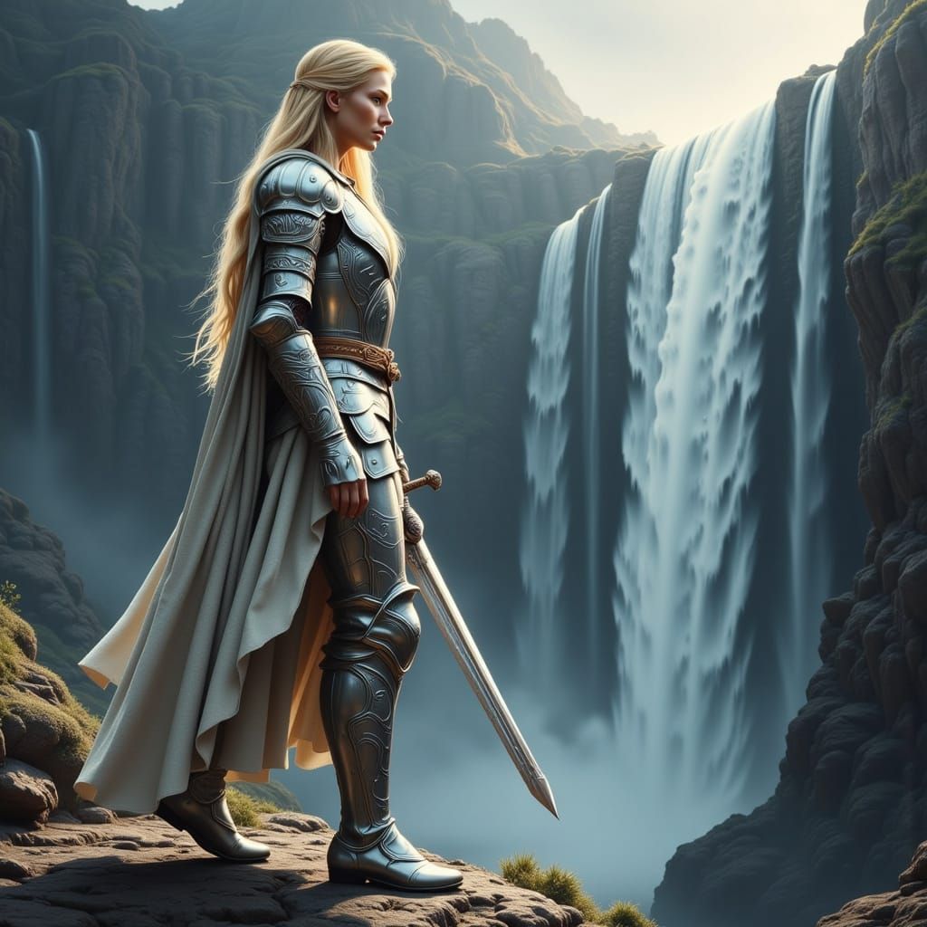 Siegfried on the Waterfall Edge in Gothic Art Style