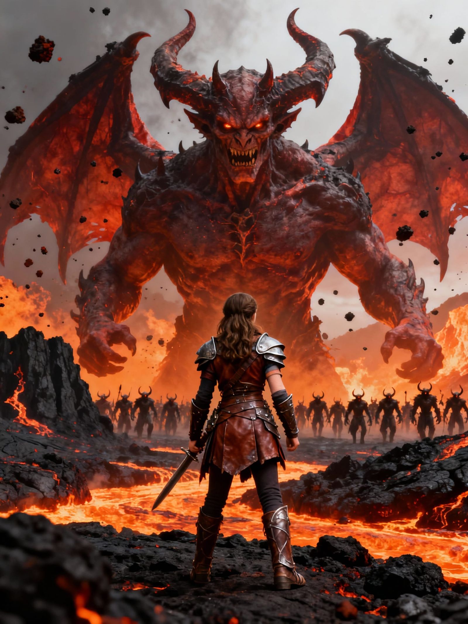 Demon Confronts Warrior in Volcanic Landscape