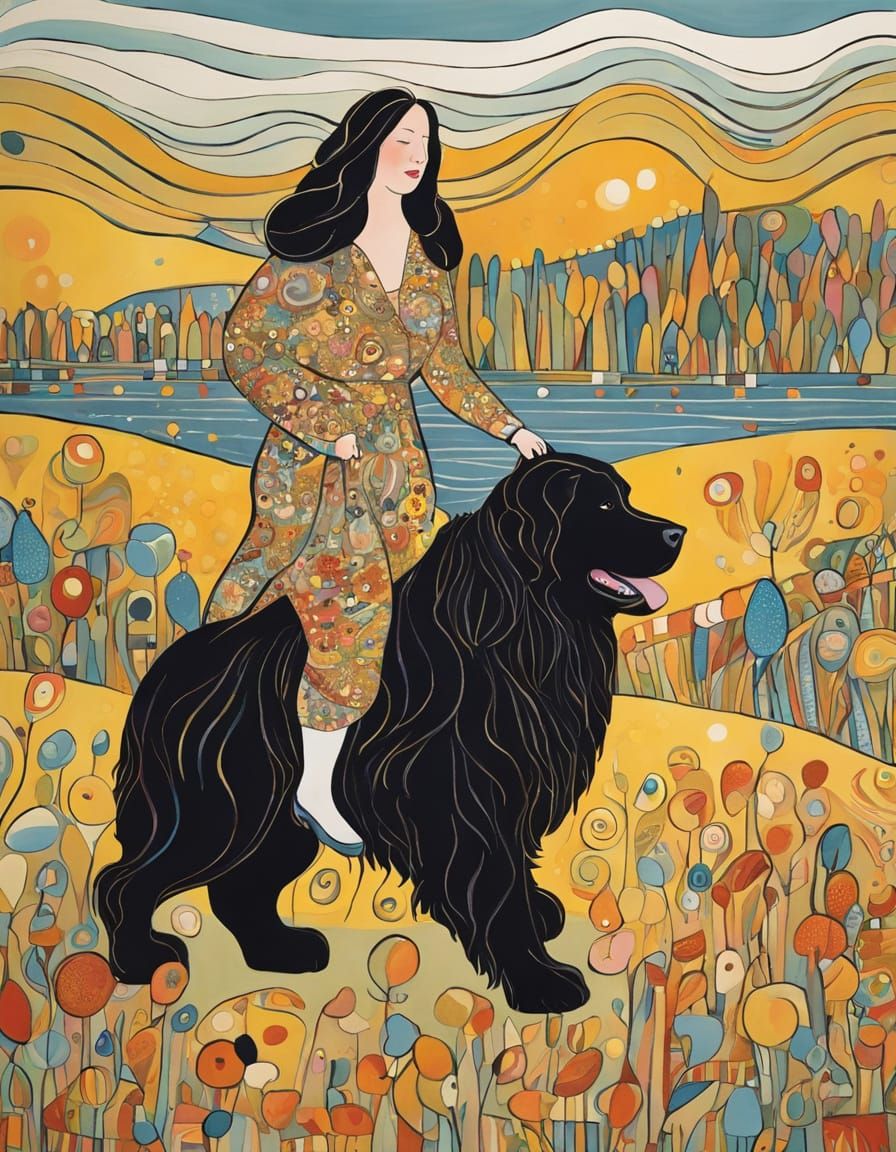 Woman and Newfoundland Dog Inspired by Klimt