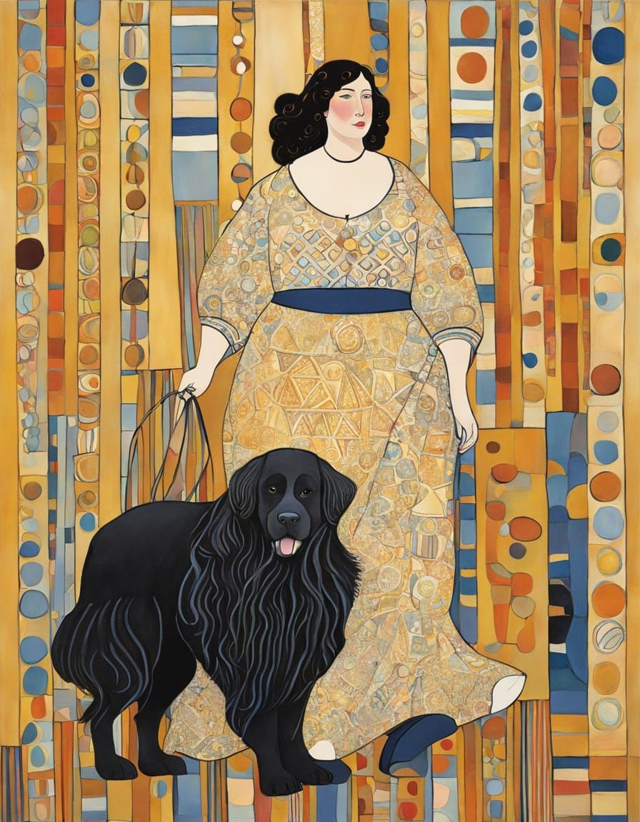 Joyful Woman and Dog in Klimt-Inspired Style