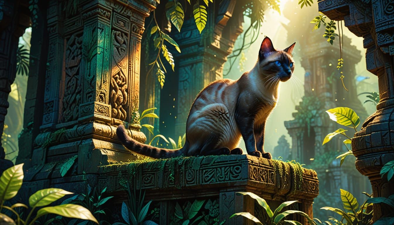 Siamese Cat in Overgrown Jungle Temple Alcohol Ink Painting