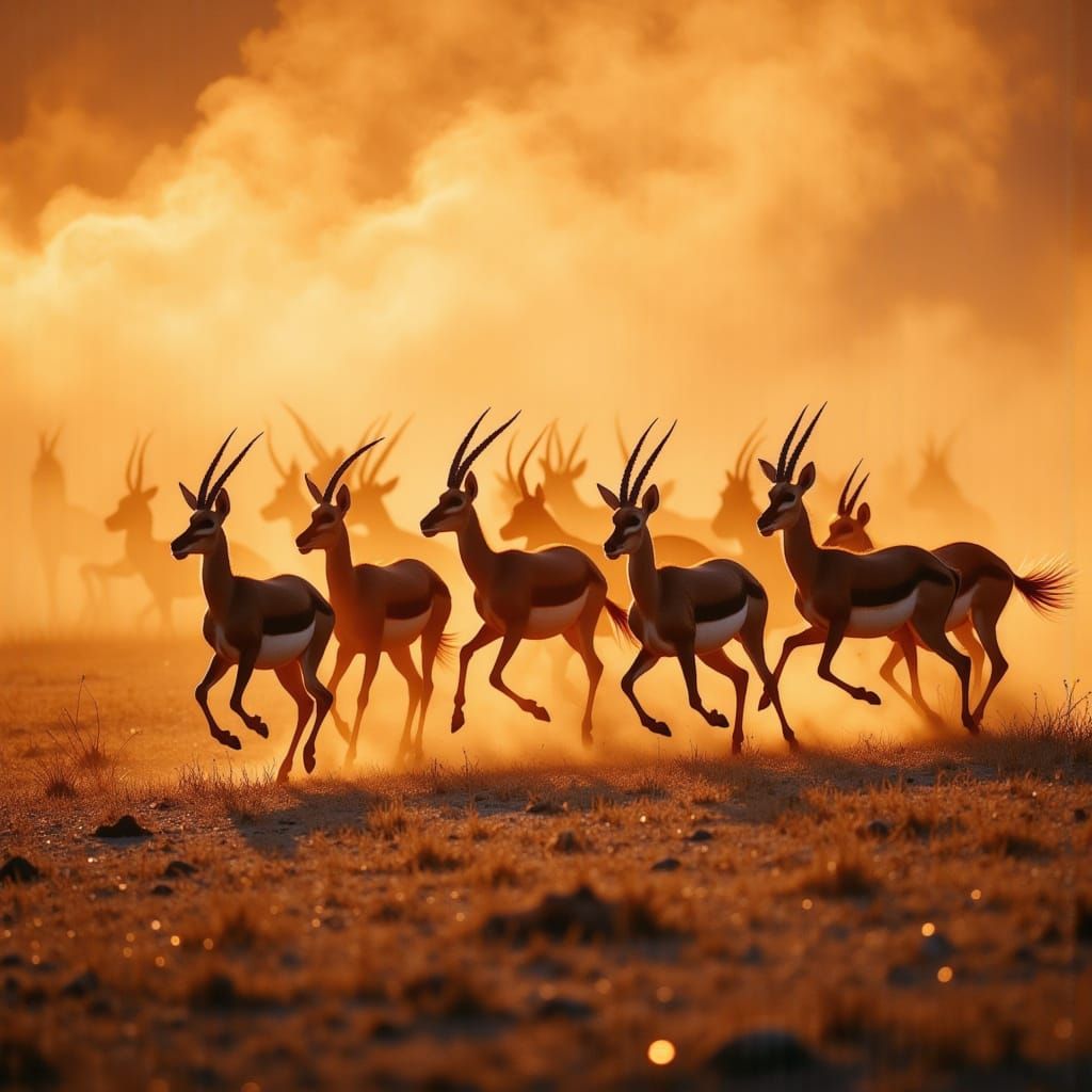 Gazelles Running on African Savannah at Golden Hour