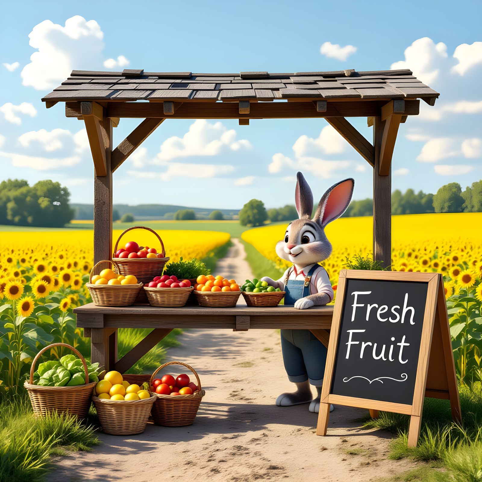 Pixar-Style Bunny Farmer at Fruit Stand