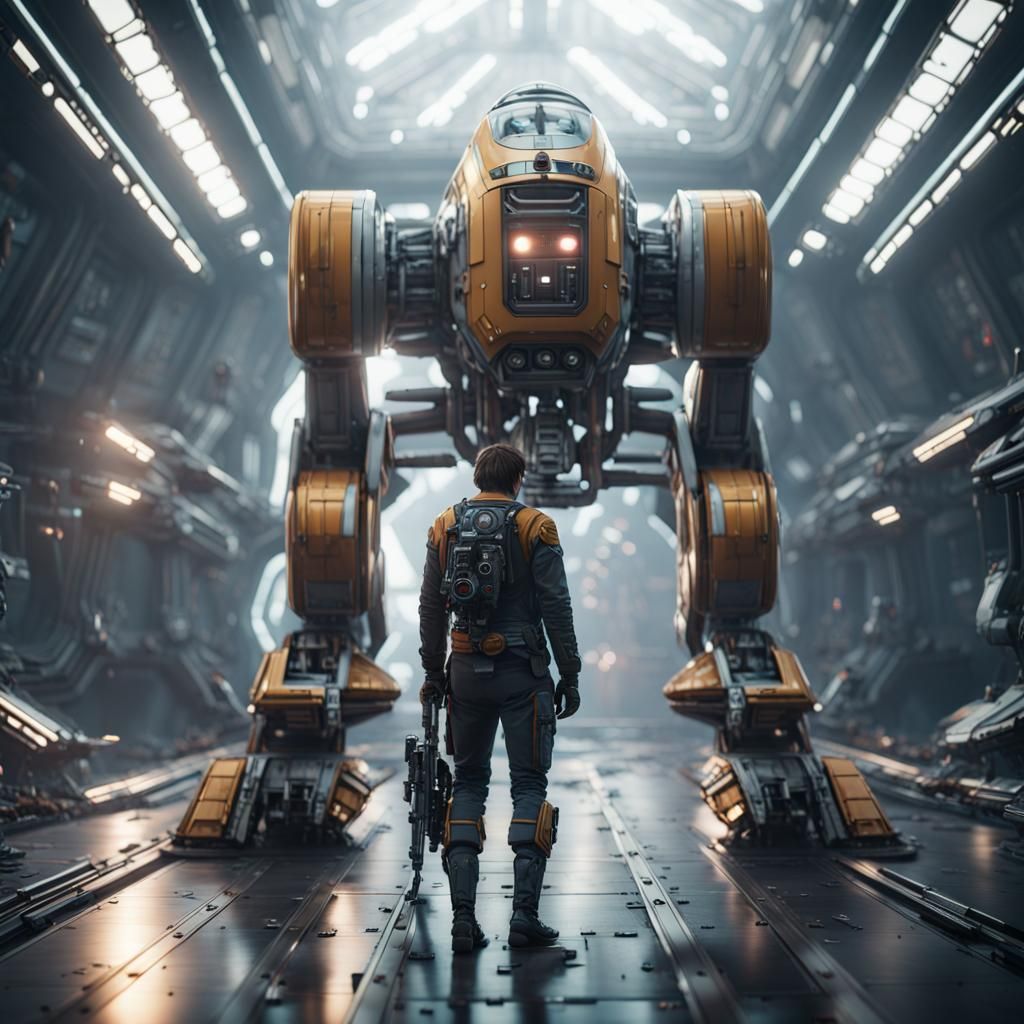 Futuristic Starfighter with Pilot and Droid