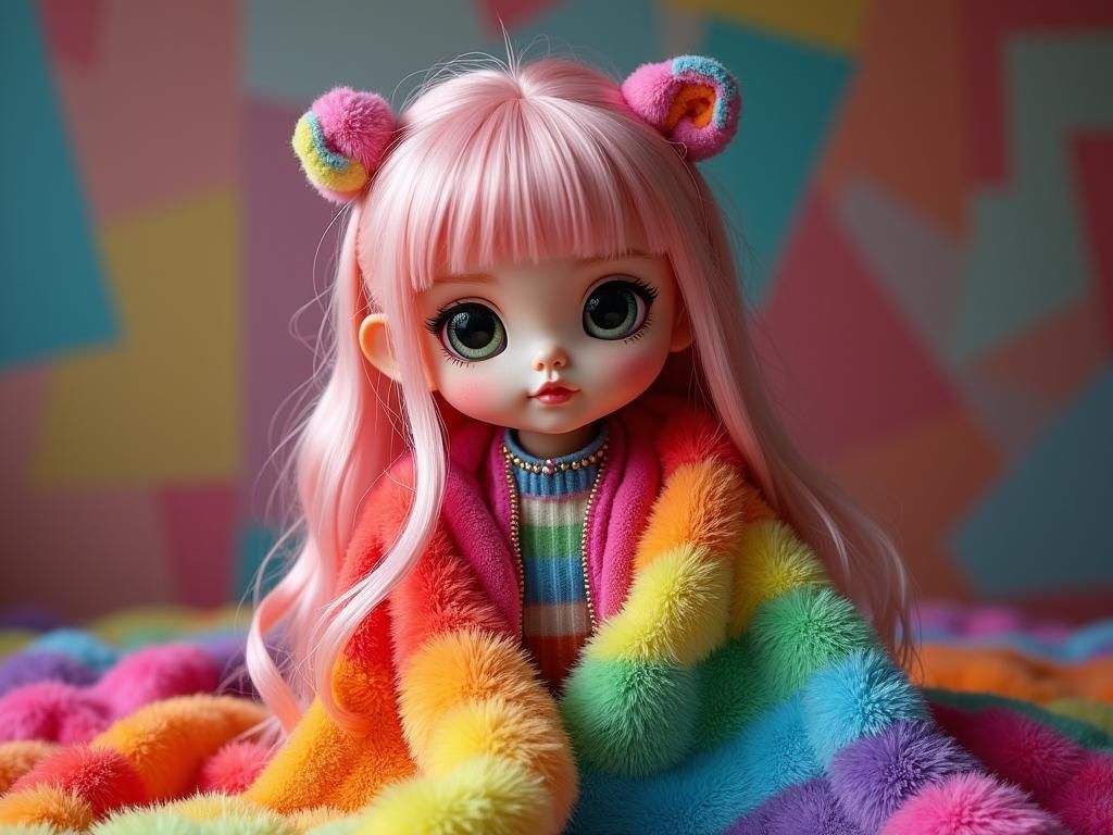 Cutepunk Action Figure with Rainbow Faux Fur Blanket