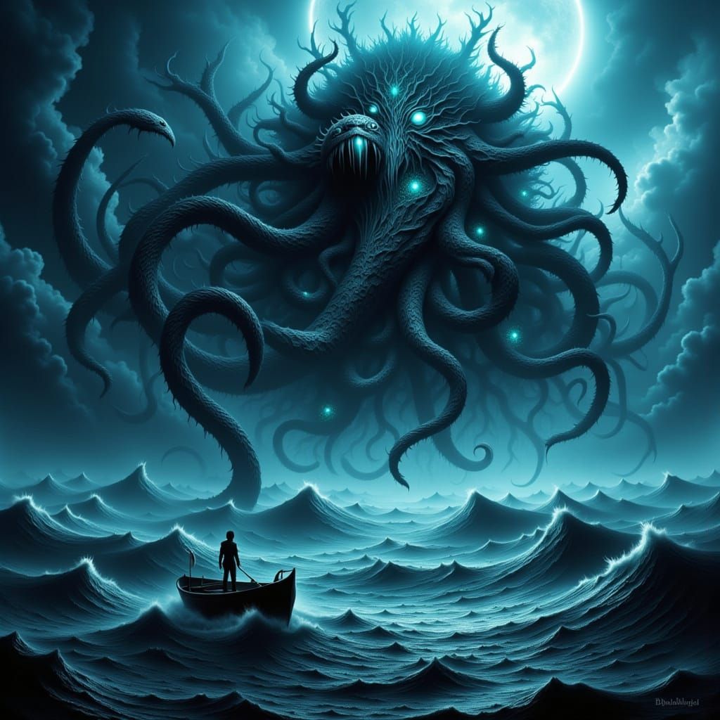 Bioluminescent Leviathan Attacks Ship in Surreal Sea