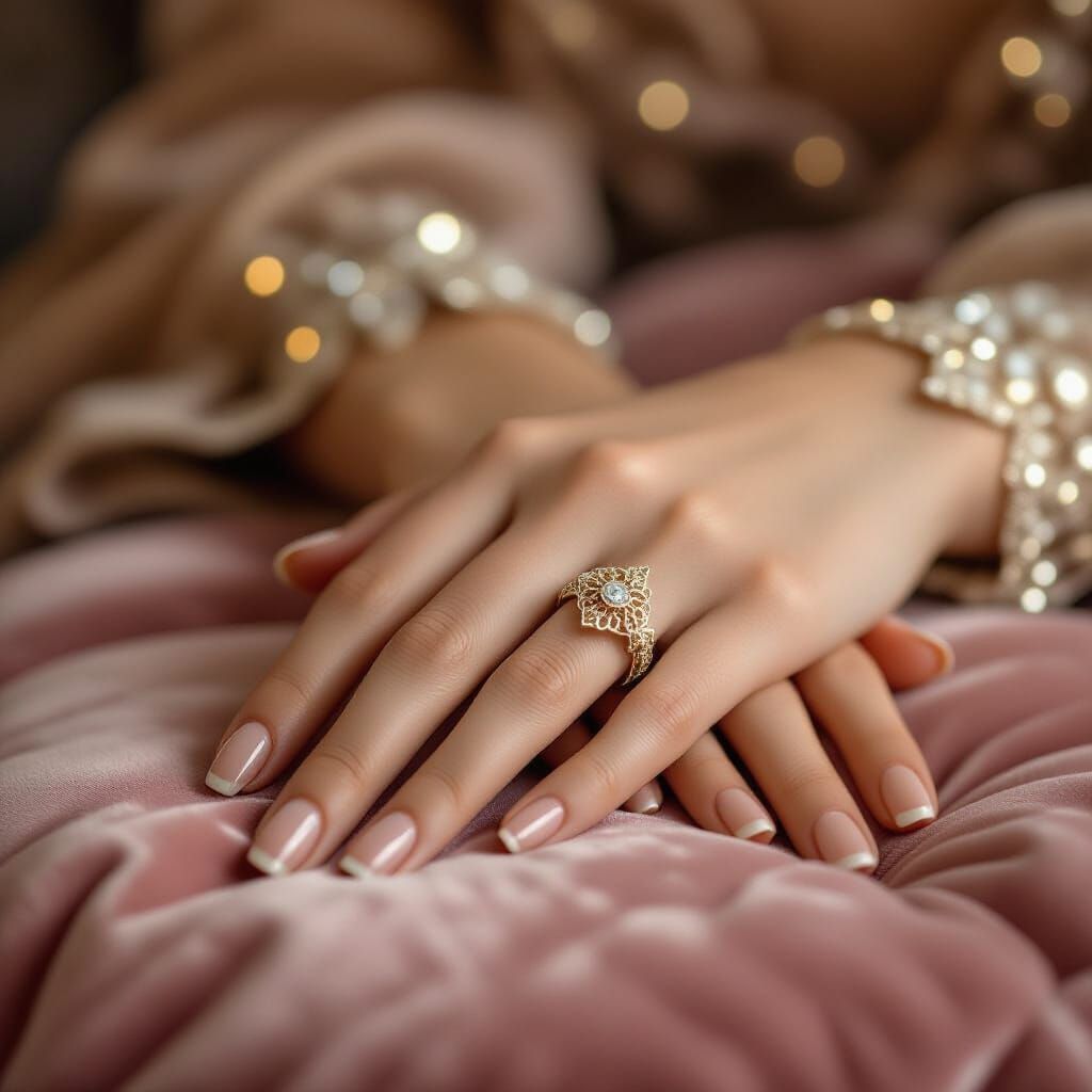 Elegant Hand with Vintage Ring on Velvet Cushion