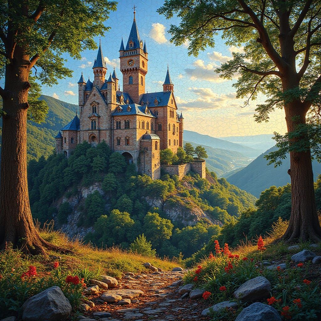 Castle in Stained Glass Art Nouveau Style