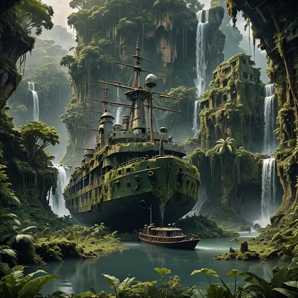 Jungle Overrun Military Ship with Waterfall