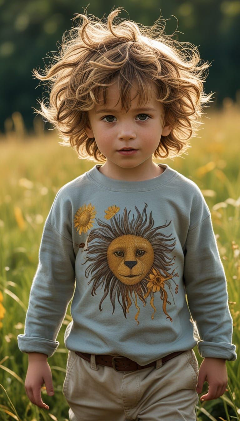 Childhood Wonder in Sun-Drenched Meadow Oil Painting