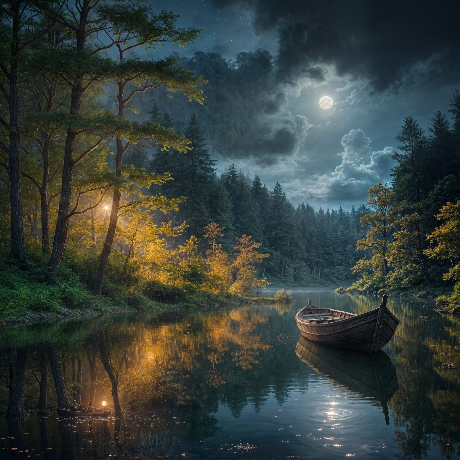 Ancient Boat in Magical Forest by Moonlight
