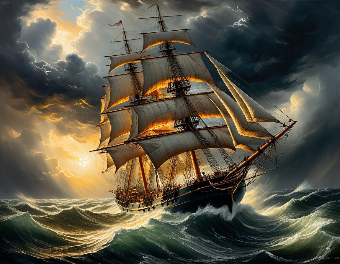 Ship Battles Storm in Romantic Maritime Oil Painting