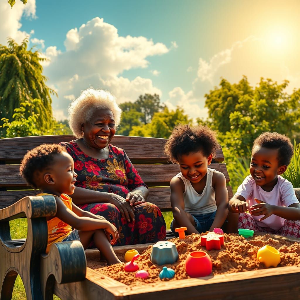 Joyful Black Grandmother Watches Over Her Grandchildren in a...