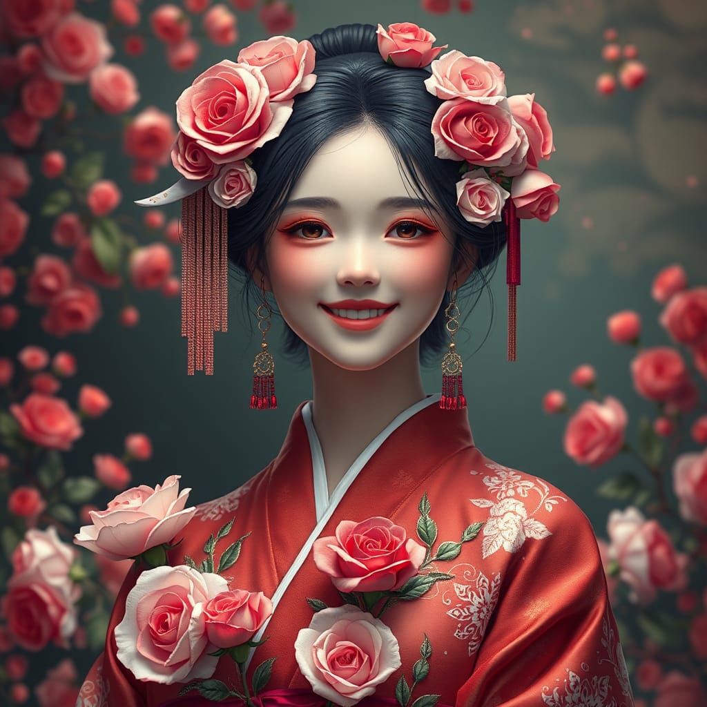 Happy Japanese Woman with Roses: Detailed Matte Painting