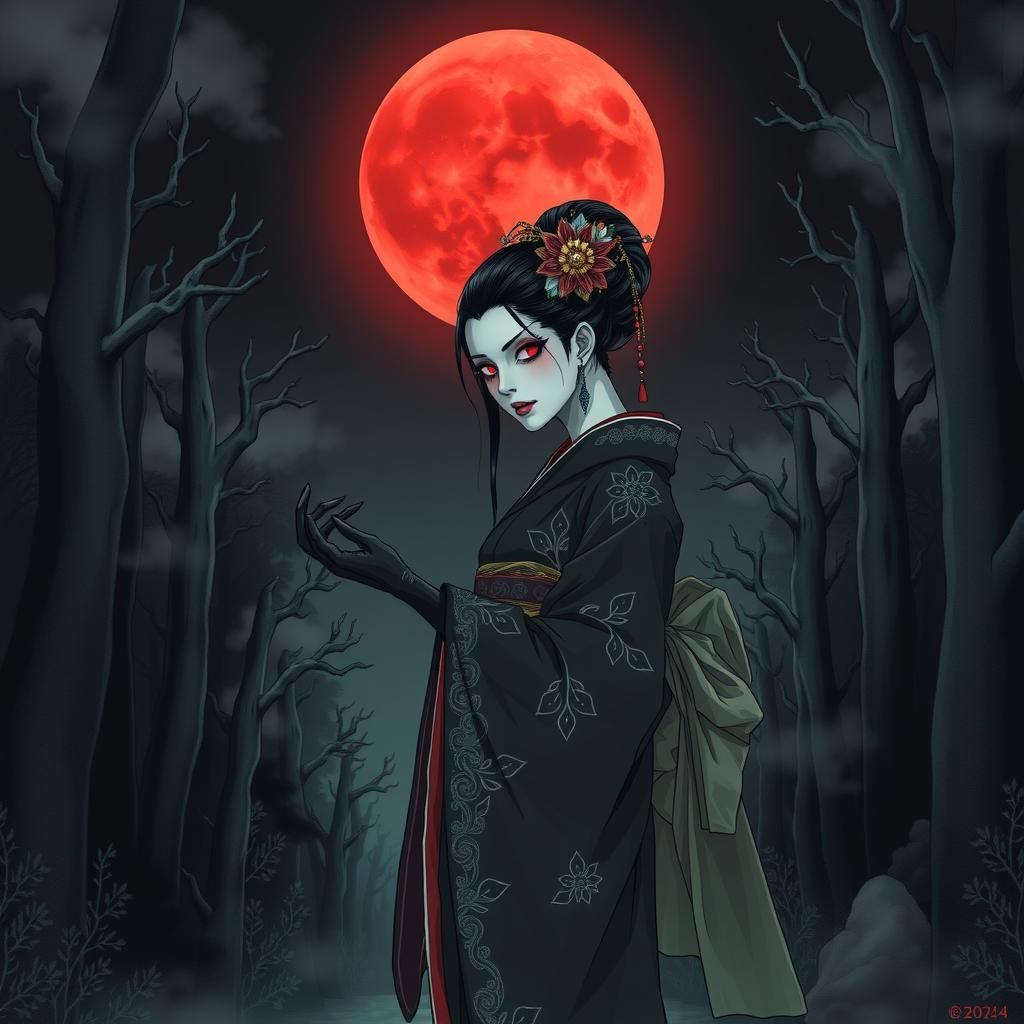 Japanese Vampire Geisha Under Blood Moonlit Forest