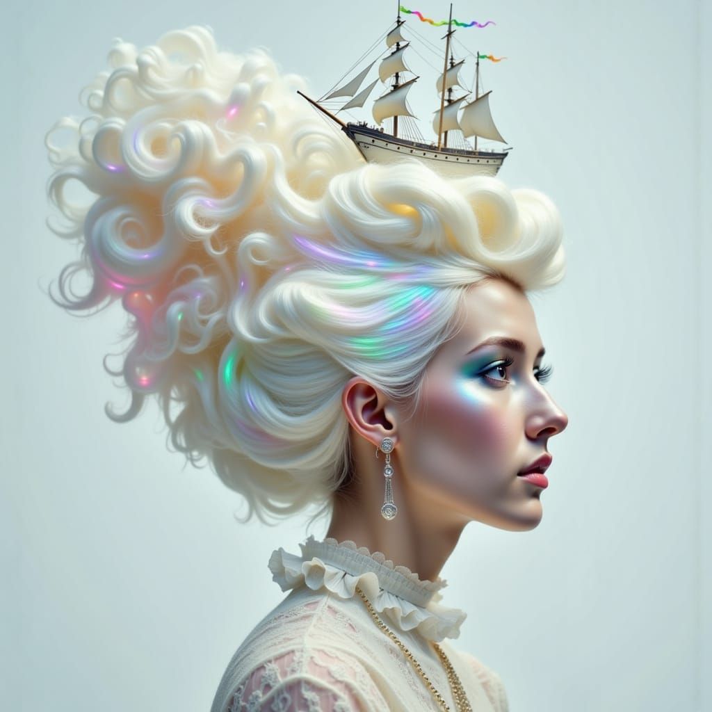 17th Century Woman with Iridescent Ship Wig