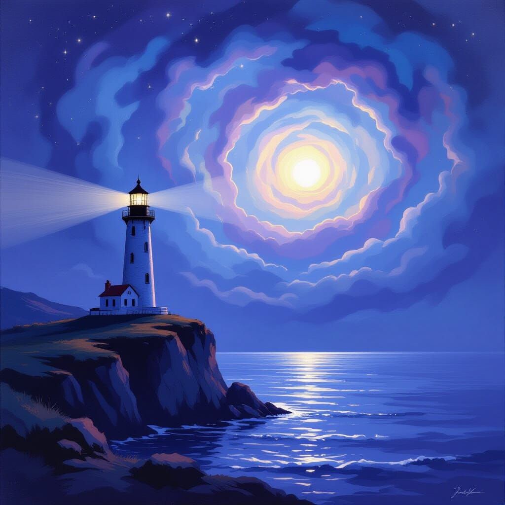 Ancient Lighthouse on Cliff in Nebula Sky