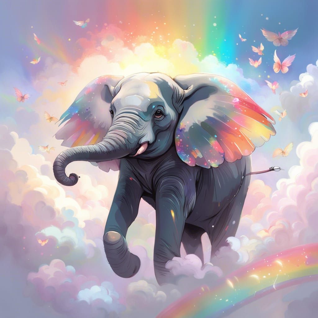 Adorable Elephant with Colorful Wings Flying Over Clouds