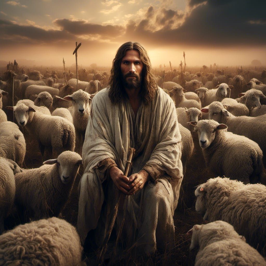 Hyperrealistic Portrait of Jesus Christ with Sheep
