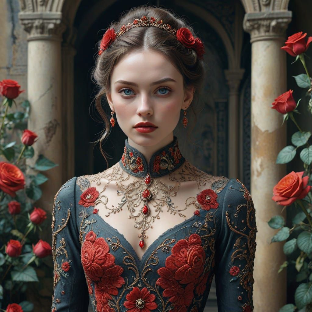 Melancholic Woman in Red Dress with Roses