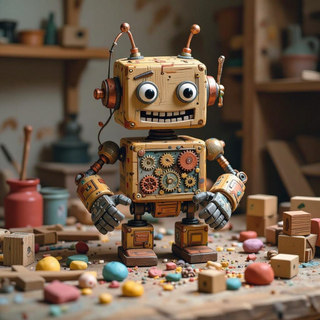 Whimsical Wooden Robot Crafts Tiny Robots